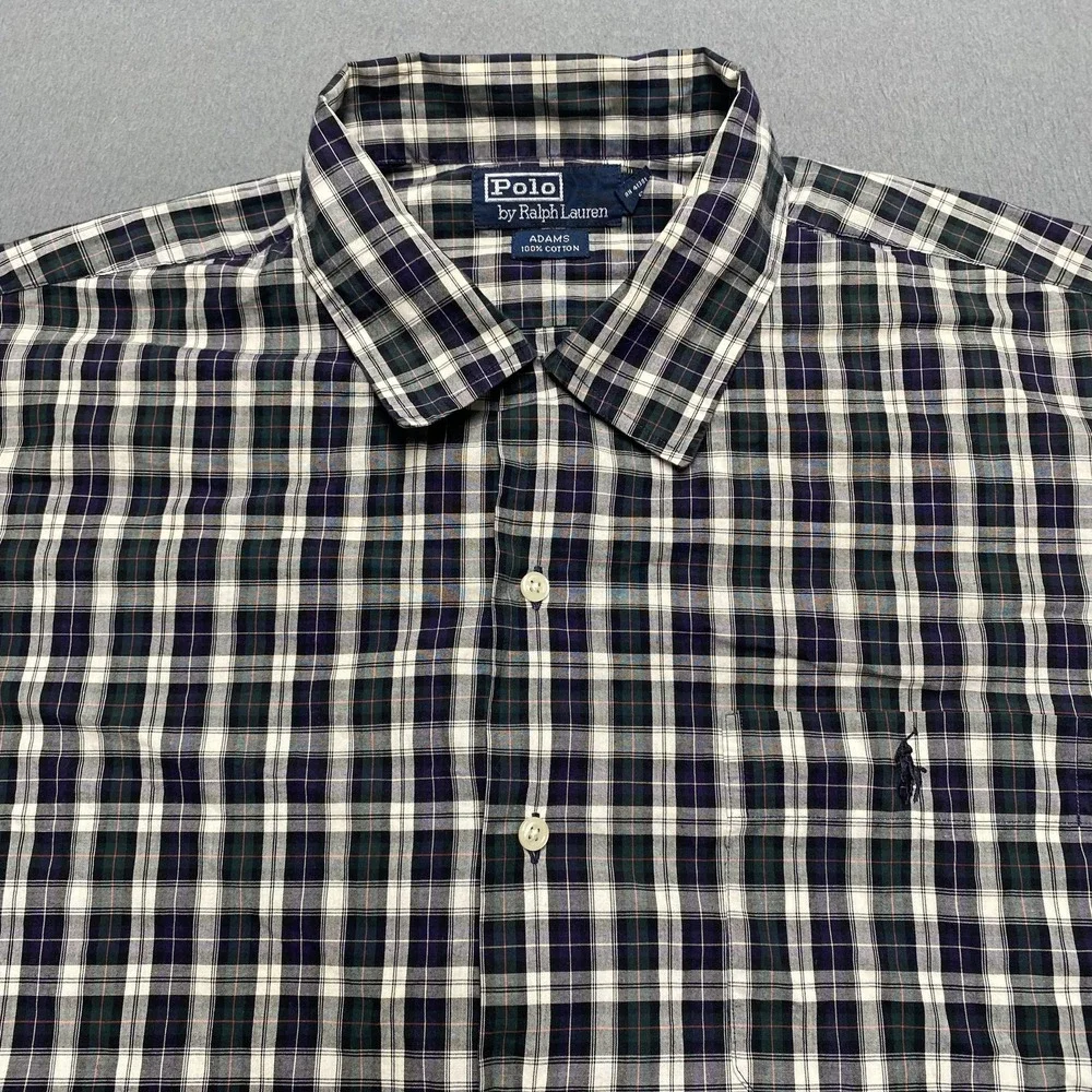 VTG Polo Ralph Lauren Shirt Mens XL‎ Blue Plaid Adams Short Sleeve Pony Logo 90s